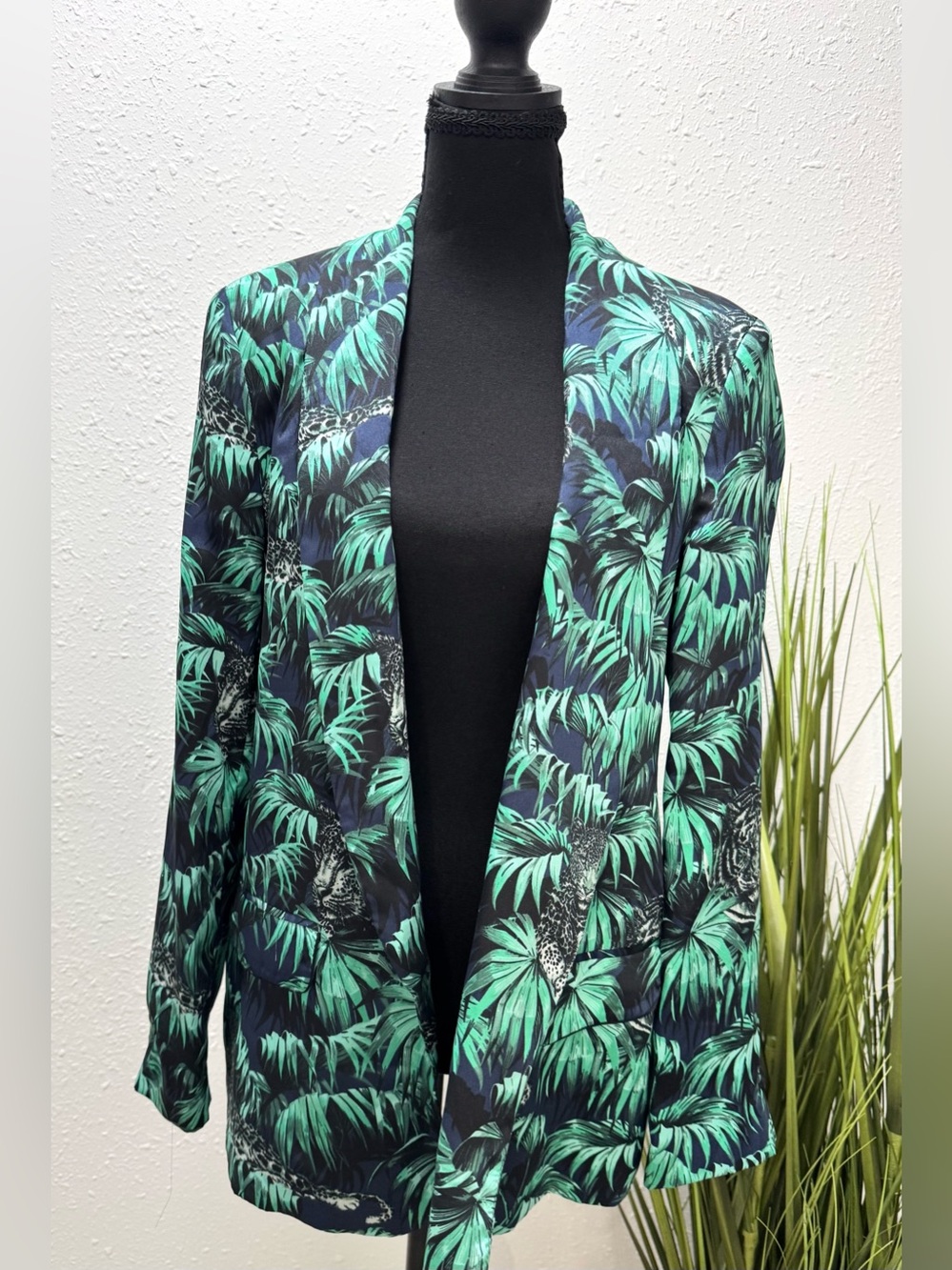 Zara Black Blazer with Green Palm Print